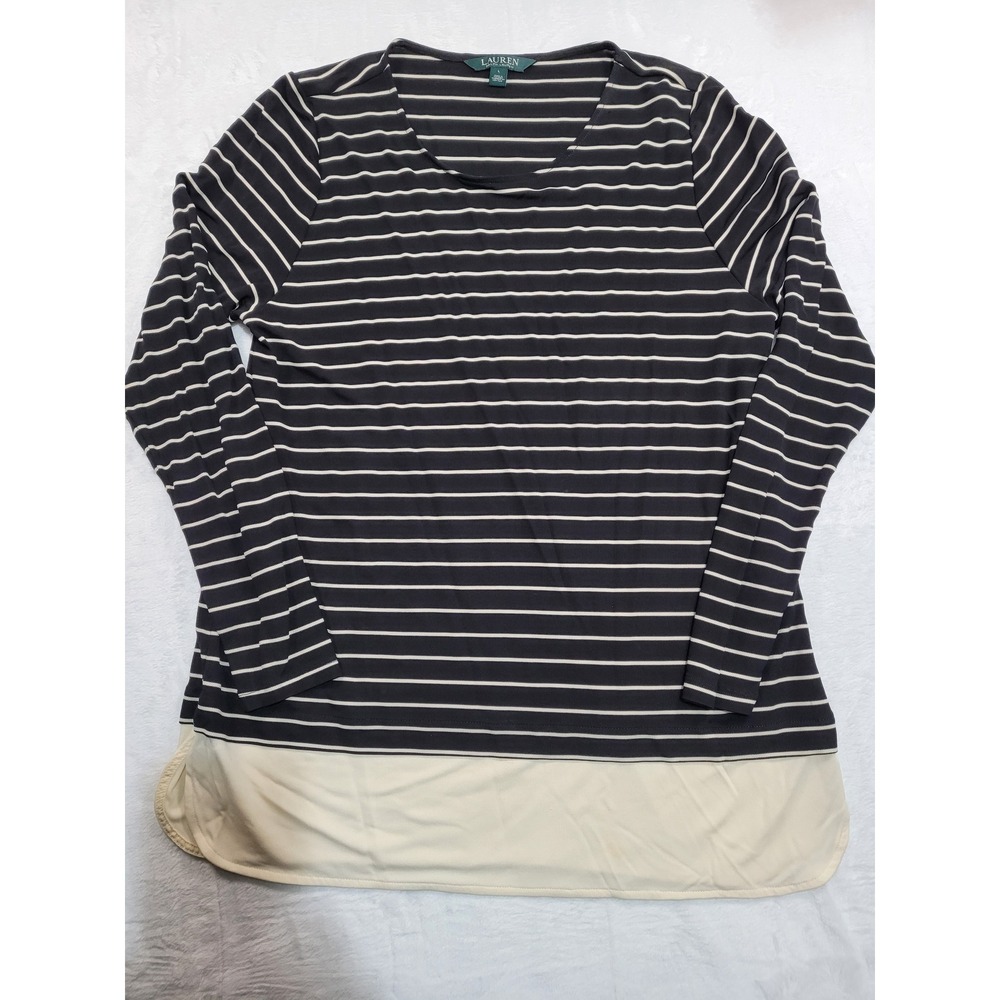 Lauren Ralph Lauren Top Women Large Navy Blue Striped Layered Hem